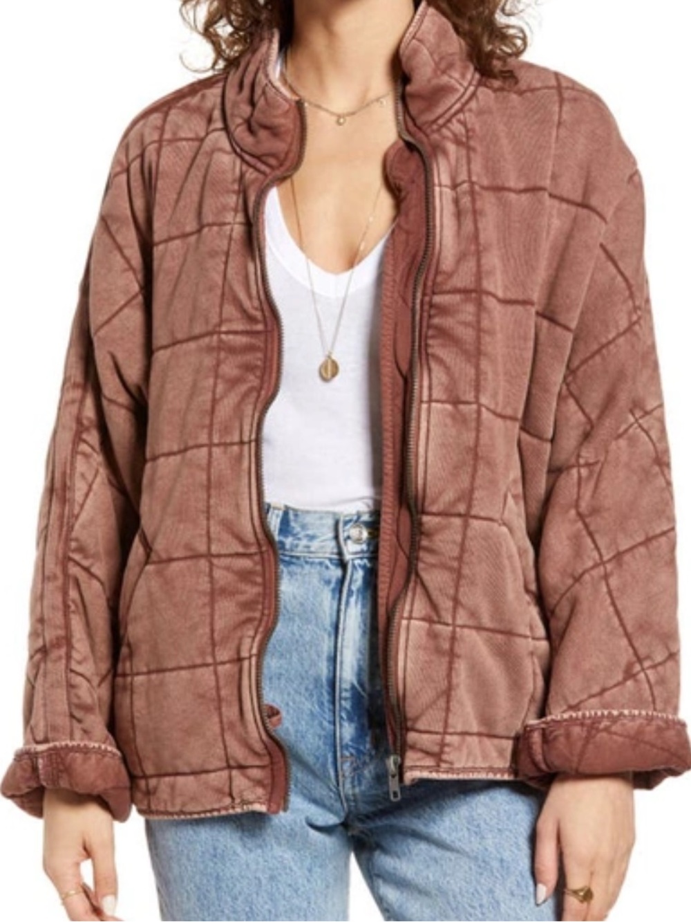 Free People Dolman Quilted Knit Jacket in cherry cola colorway